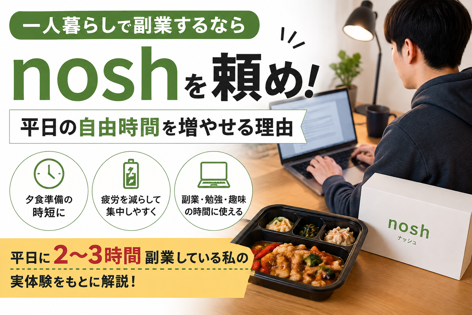 `一人暮らしで副業する人がnoshで夕食準備を時短し、平日の自由時間を増やすイメージのアイキャッチ画像`