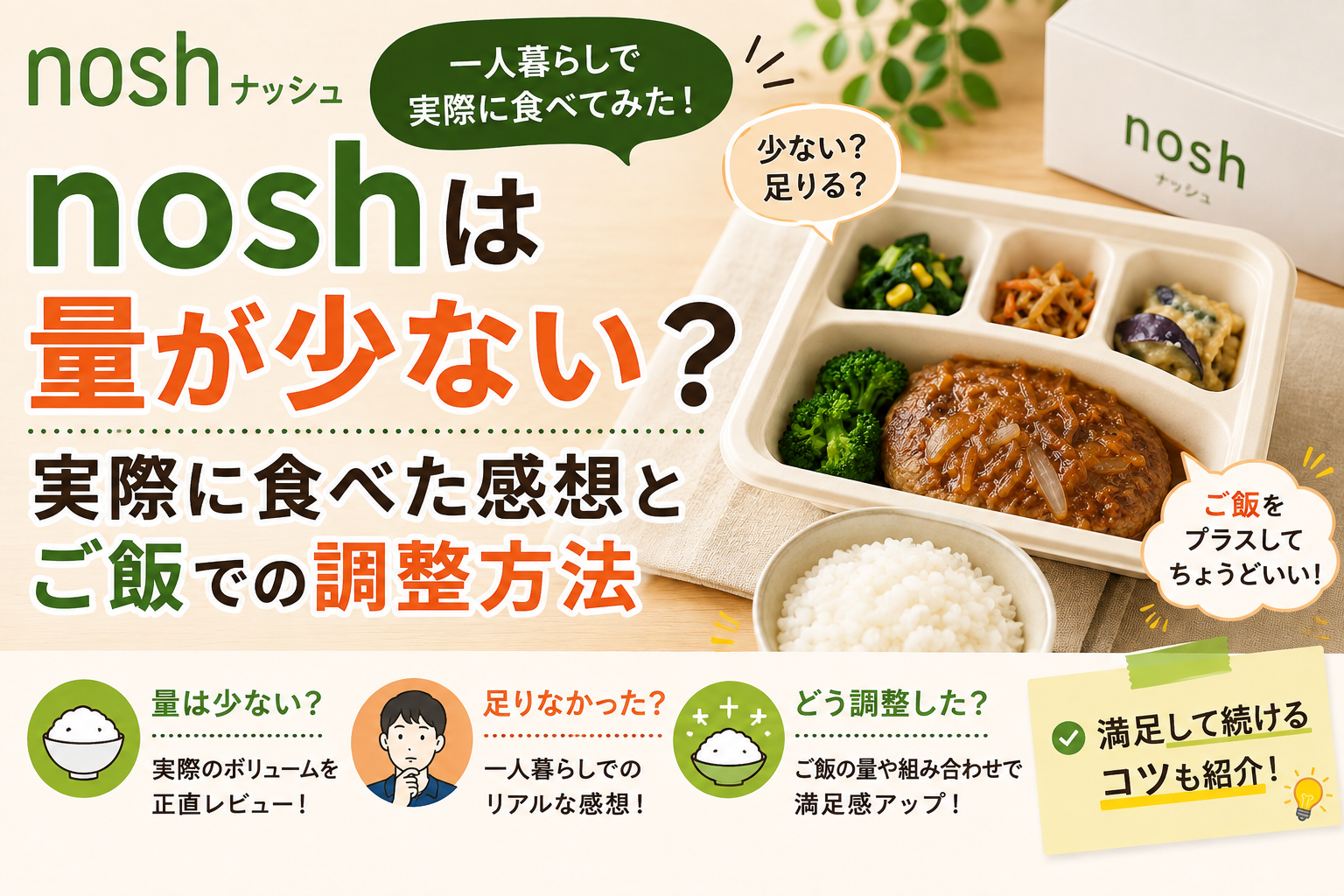 noshは量が少ないのか、一人暮らしで実際に食べた感想とご飯での調整方法を紹介するイメージ画像